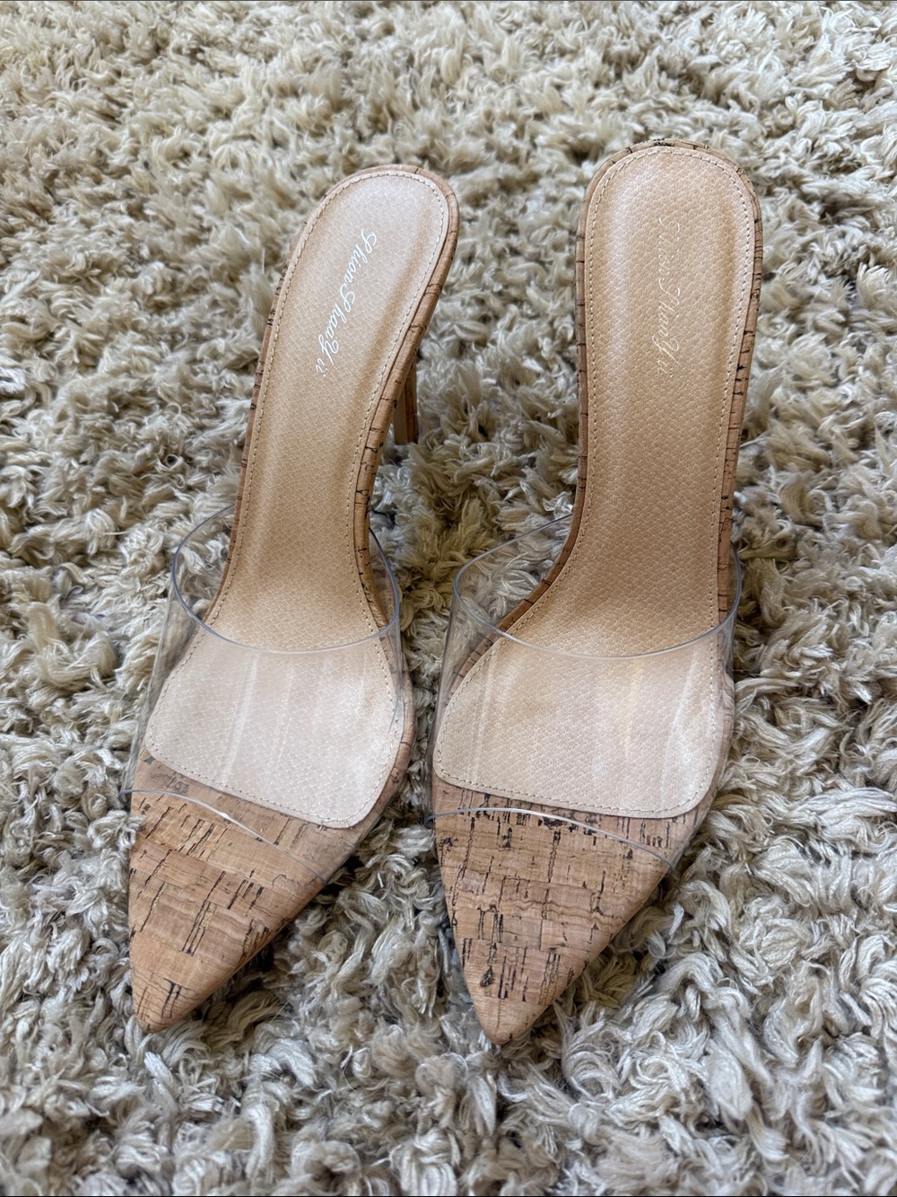 Clear Strap Cork Pointed Mule Heels - Women